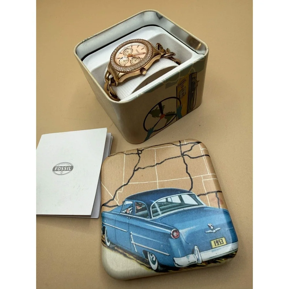 Fossil ES3500 Chain Link Wristwatch Womens Rose Gold Classic Timeless Watch